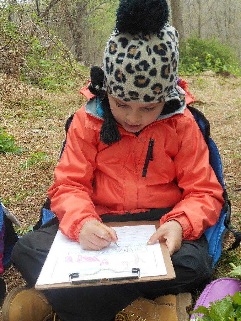 Forest Fridays child writing in nature journal at sit spot